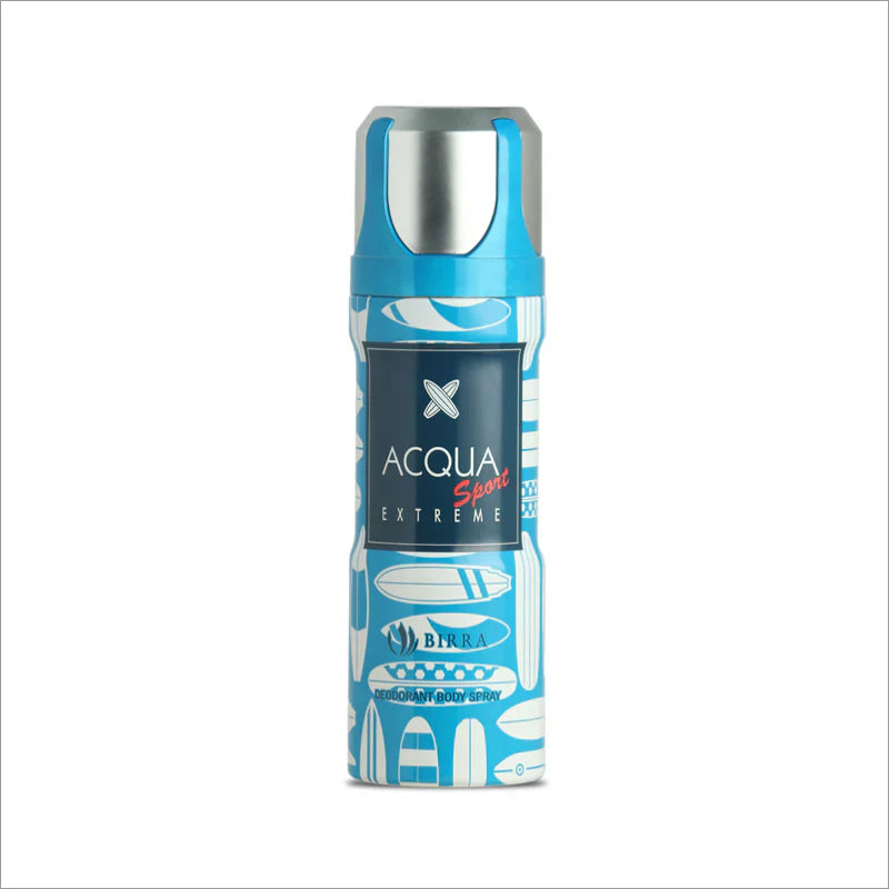 Front view of Acqua Birra Sport Extreme deodorant spray, featuring a vibrant blue design with surfboard motifs and a sleek silver cap. The product is labeled to highlight its use as a deodorant body spray.