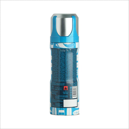 Back view of Acqua Birra Sport Extreme deodorant spray, showcasing detailed product information including ingredients and instructions, with a consistent vibrant blue design and surfboard patterns.