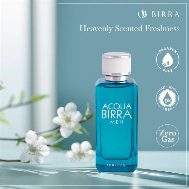 Acqua Birra Men Eau de Parfum displayed beside white floral accents, highlighting its paraben and sulfate-free formula with branding elements.