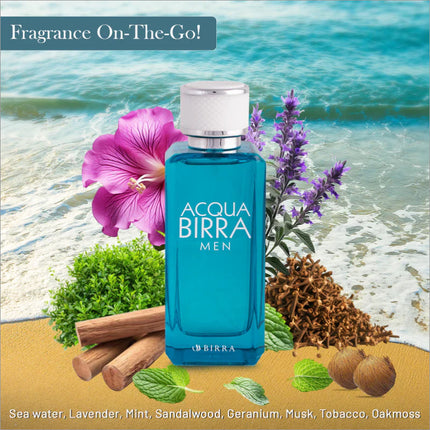Acqua Birra Men Eau de Parfum bottle set against a beach backdrop with various fragrance notes including sea water, lavender, and sandalwood.
