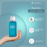 Acqua Birra Men Eau de Parfum held in a hand against a subtle blue background, emphasizing its luxurious gift potential and skin safety.