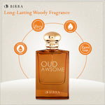 Oud Awsome perfume bottle with graphical icons indicating product features like 'IFRA Certified', 'Paraben Free', and 'Zero Gas', positioned against a soft background.