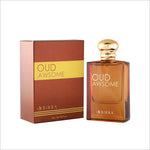Oud Awsome perfume displayed alongside its elegant packaging, featuring a brown box with branding elements, indicative of luxury and quality.