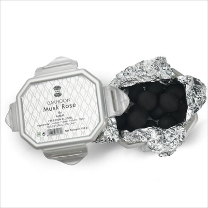 Close-up of Ajmal Oud Bakhoor Dakhoon Musk Rose - High-quality Arabic incense for prayers, crafted by expert perfumers for a calming ambiance.