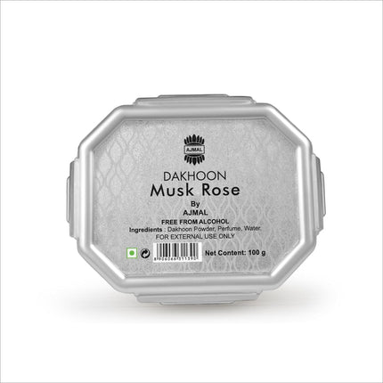 Ajmal Oud Bakhoor Dakhoon Musk Rose packaging - Elegant home fragrance solution that enhances spirituality through Arabic incense for prayers.