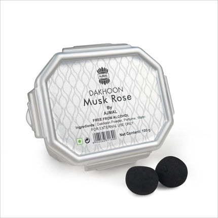 Ajmal Oud Bakhoor Dakhoon Musk Rose - Luxurious Arabic incense for prayers with a rose fragrance, perfect for meditation and Ramadan.