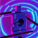 a purple and blue object with a black object in the middle