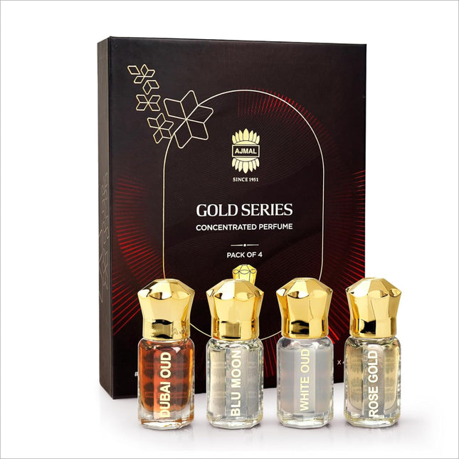 Ajmal Luxury Non-Alcoholic Attar Perfume Roll-On Collection featuring Dubai Oud, part of the premium unisex gift set, showcasing luxury non-alcoholic attar fragrances.