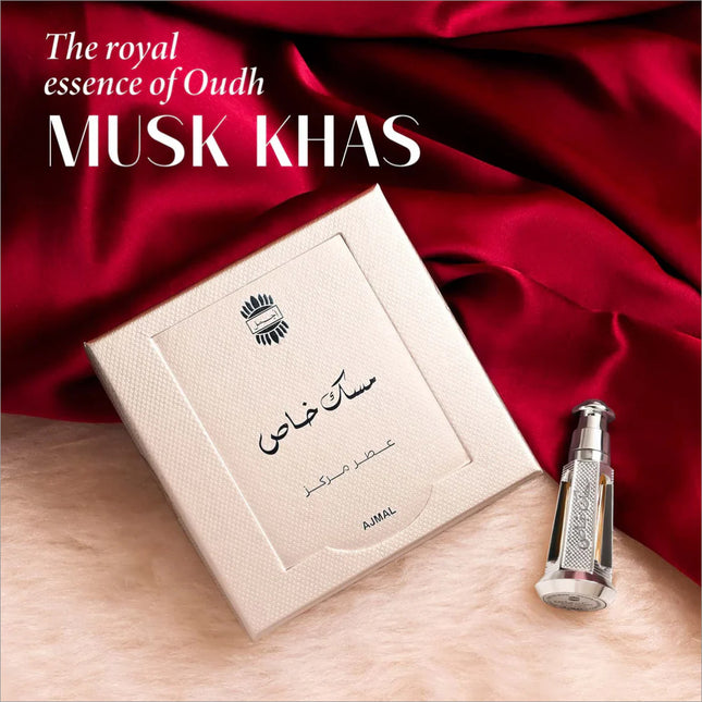 Elegant bottle of Musk Khas Non-Alcoholic Attar 3 ML for Unisex, highlighting its luxurious musk fragrance oil.