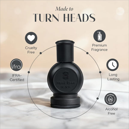 Ajmal Musk Rose Black Unisex Attar - 12ML Bottle Showcasing Woody and Floral Notes, Ideal Alcohol-Free Unisex Attar Perfume.