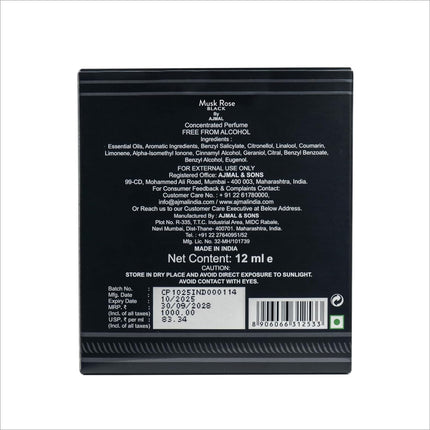 Ajmal Musk Rose Black Unisex Attar - Elegant 12ML Packaging for a Unique Alcohol-Free Unisex Attar Perfume Experience.