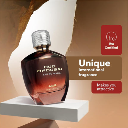 Experience Ajmal Oud of Dubai, a 100ml long lasting unisex perfume designed for both men and women. With its captivating aroma, this premium luxury fragrance scent blends floral and sugary notes, making it an ideal choice for any occasion, showcasing the elegance of Oriental vanilla.