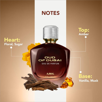 Enhance your fragrance collection with Ajmal Oud of Dubai, a long lasting unisex perfume presented in a 100ml bottle. This premium luxury fragrance scent, rich in amber, floral, and vanilla notes, is suitable for every occasion, offering an immersive Oriental experience for men and women.