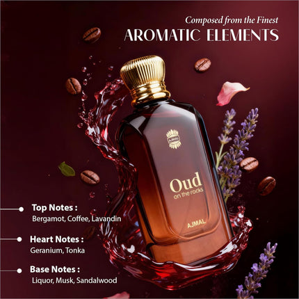 A rich amber ajmal oud on the rocks eau perfume bottle with gold ribbed cap and smoky oud woody amber notes