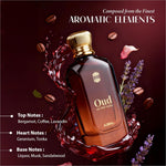A rich amber ajmal oud on the rocks eau perfume bottle with gold ribbed cap and smoky oud woody amber notes