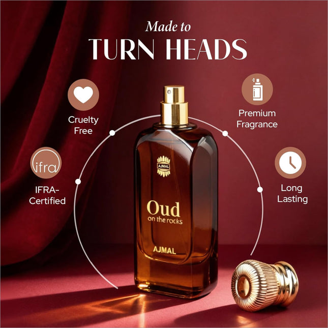 A sleek amber glass ajmal oud on the rocks eau perfume bottle with gold spray nozzle featuring smoky oud scent