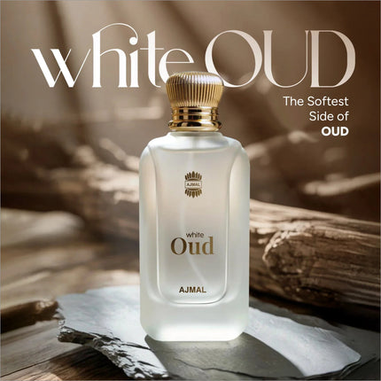 Ajmal White Oud Perfume bottle artfully positioned to reveal its stunning label. A floral and woody fragrance that defines white oud perfume luxury.