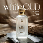 Ajmal White Oud Perfume bottle artfully positioned to reveal its stunning label. A floral and woody fragrance that defines white oud perfume luxury.