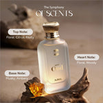 Artistic arrangement of Ajmal White Oud Perfume with its scent profile highlighted. A perfect gift for anyone who appreciates the allure of white oud perfume.