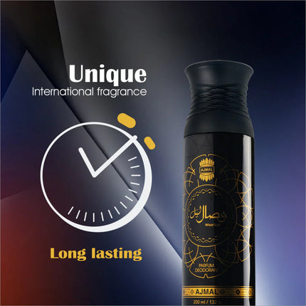 Wisal Layl Deodorants 200 ML for Unisex, long-lasting deodorant spray highlighted by Oudh Accord, Olibanum, and Musk.