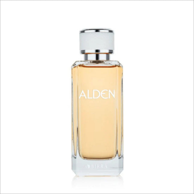 Alden EDP 100ml perfume bottle with a sleek, modern design. The bottle features a silver cap and the name 'ALDEN' elegantly displayed on the front. The liquid inside is a light amber color, showcasing its premium quality.