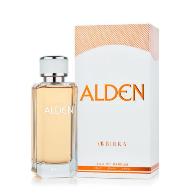 Alden EDP 100ml perfume bottle next to its packaging. The packaging features a stylish white box with orange accents and the name 'ALDEN' prominently displayed. The bottle's sophisticated design matches the elegant branding.