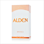 The elegant packaging of Alden EDP 100ml perfume, featuring a white box with orange detailing and the brand name 'ALDEN' on the front. The design reflects the high-end nature of the fragrance.