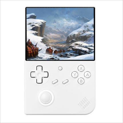 White anbernic rg40xxv handheld game console with 4 inch ips screen showing snowy mountain and classic controls