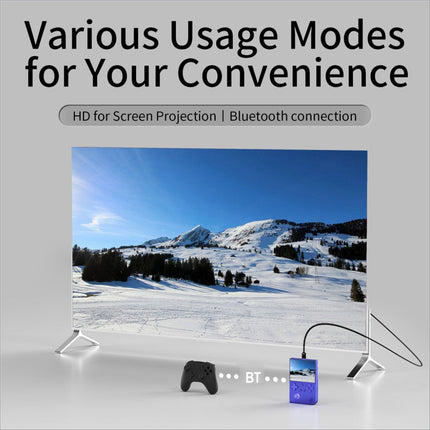 Purple anbernic rg40xxv handheld game console with 4 inch ips screen and control buttons for hd tv gaming
