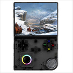 Black translucent anbernic rg40xxv handheld game console with colorful rgb joystick and 4 inch ips screen