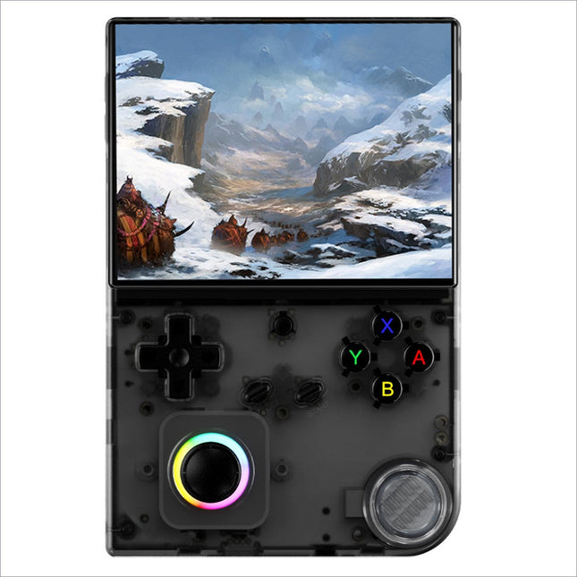 Black translucent anbernic rg40xxv handheld game console with colorful rgb joystick and 4 inch ips screen