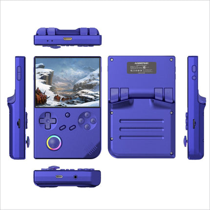 Purple anbernic rg40xxv handheld game console with 4 inch ips screen directional pad and analog stick for hd tv gaming