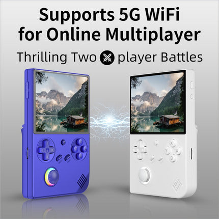 Blue and white anbernic rg40xxv handheld game consoles with 4 inch ips screen and classic controls displaying mountain scenery