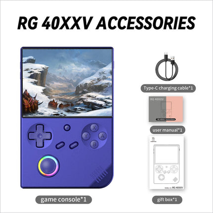 Purple anbernic rg40xxv handheld game console with 4 inch ips screen colorful circular button and classic layout