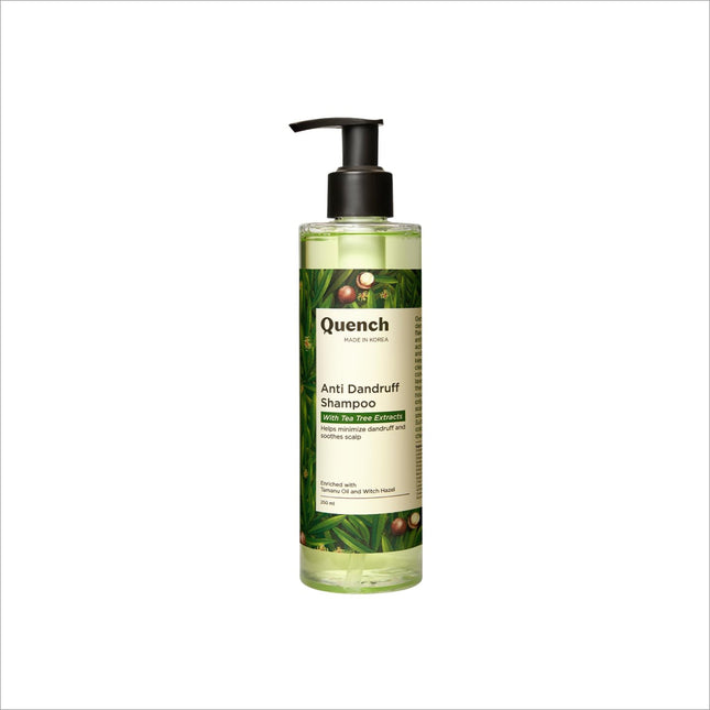 QUENCH BOTANICS Anti Dandruff Shampoo With Tea Tree Extracts displayed in 250 ml bottle to minimize dandruff flakes and soothe itchy scalp, a top anti dandruff shampoo.