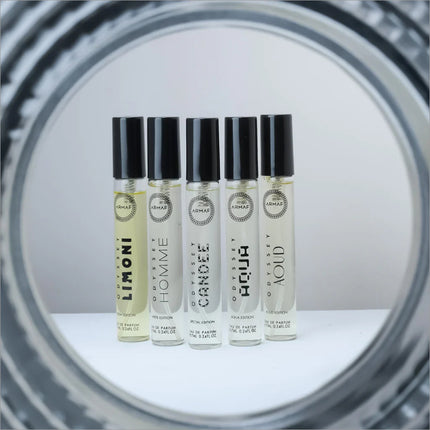 A close-up of the Armaf Discovery Set - Premium Luxury Fragrance (7ML x 24 PCS) Long-Lasting Fragrance for Men & Women displaying a curated selection of scents. This travel perfume set by Armaf offers a versatile experience for users, marking it as a new favorite for those who appreciate luxury.