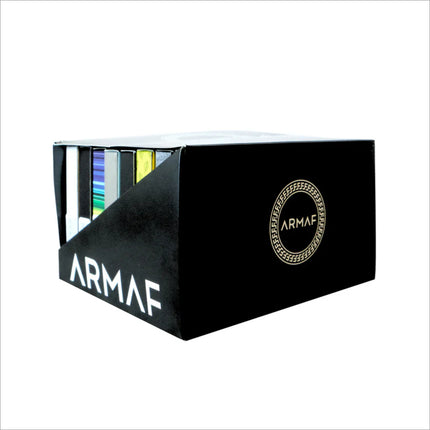 The side view of the Armaf Discovery Set - Premium Luxury Fragrance (7ML x 24 PCS) Long-Lasting Fragrance for Men & Women features elegantly packaged perfume boxes, perfect for gifting. This travel perfume set by Armaf emphasizes convenience and luxury, introducing a new way to enjoy fragrances on the go.