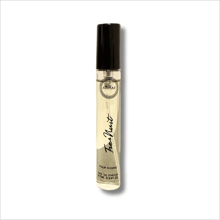 Close-up of Armaf Tres Nuit Pour Homme EDP 7ML bottle highlighting its aromatic spicy profile and citrus floral scent ideal for men.