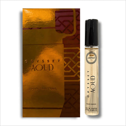 Armaf Odyssey Aoud Eau De Parfum 7ML - Woody Spicy Fragrance for Men - Trial Pack featuring a sophisticated bottle design.