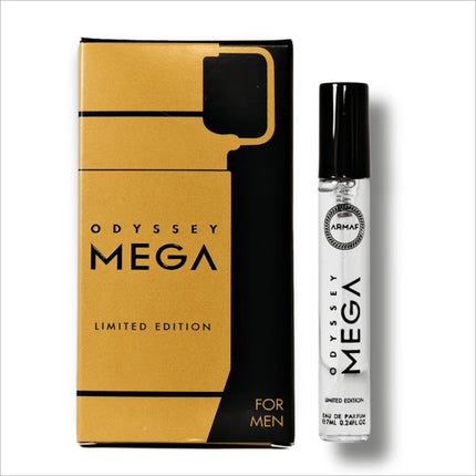 Armaf Odyssey Mega Man Eau De Parfum 7ML - Woody Aromatic Long-Lasting Fragrance for Men - Trial Pack showcasing its elegant design and bottle.