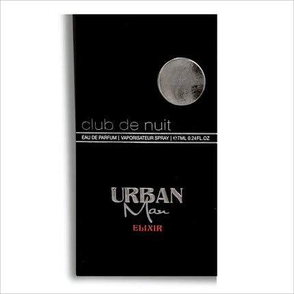 Armaf Club de Nuit Urban Man Elixir bottle showcasing woody oriental fragrance for men in a sleek trial pack.