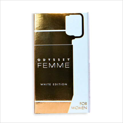 Packaging of Armaf Odyssey Femme White Edition Eau De Parfum 7ML trial pack, perfect for women seeking a long-lasting fragrance.