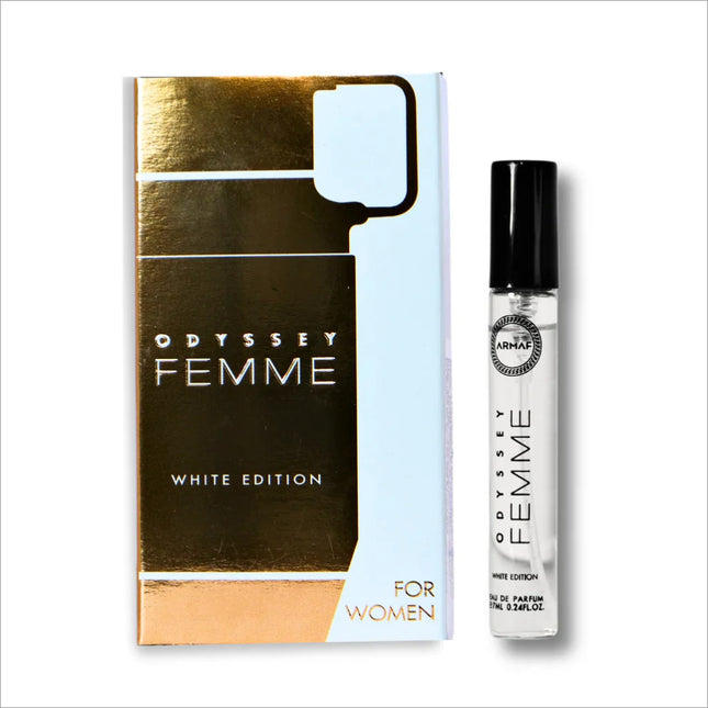 Armaf Odyssey Femme White Edition Eau De Parfum 7ML trial pack showcasing the elegant oriental floral fragrance for women.