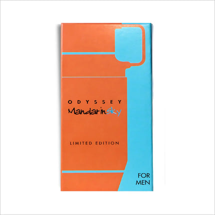 Stylish display of Armaf Odyssey Mandarin Sky Eau De Parfum 7ML, a bold amber woody fragrance for men, highlighting its elegant design.