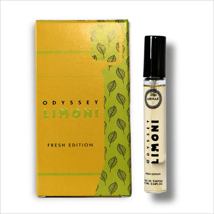 Armaf Odyssey Limoni Fresh Eau De Parfum 7ml bottle showcasing fresh citrus fragrance for men and women, trial pack edition.