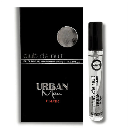 Armaf Club de Nuit Urban Man Elixir Eau De Parfum 7ML - Woody Oriental Long-Lasting Fragrance for Men - Trial Pack featuring elegant design.