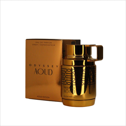 Lifestyle image of Armaf Odyssey Aoud EDP showing the elegant bottle that embodies the amber wood fragrance.