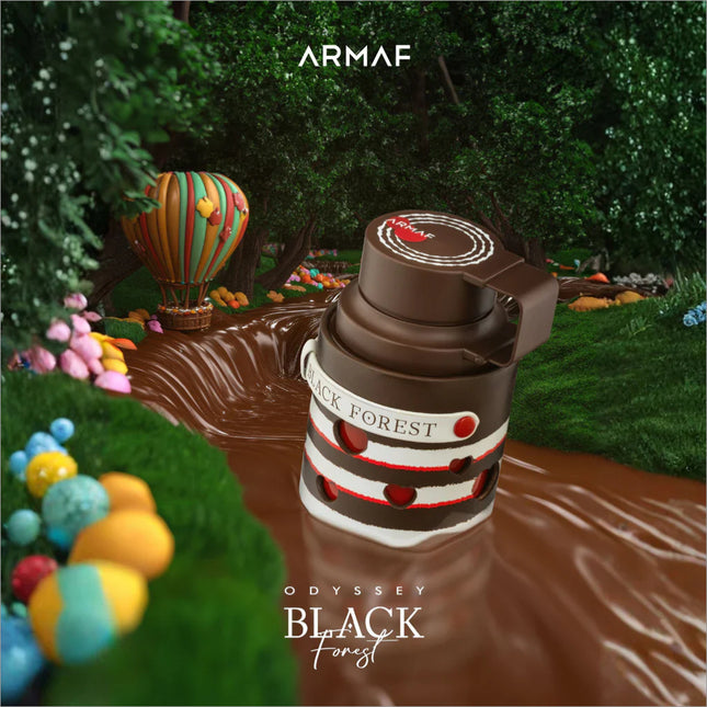 Fragrant notes of caramel and spices in Armaf Odyssey Black Forest Eau De Parfum, a unisex dessert perfume.