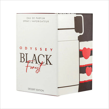 Close-up of Armaf Odyssey Black Forest Eau De Parfum bottle, celebrating its unisex dessert perfume appeal.