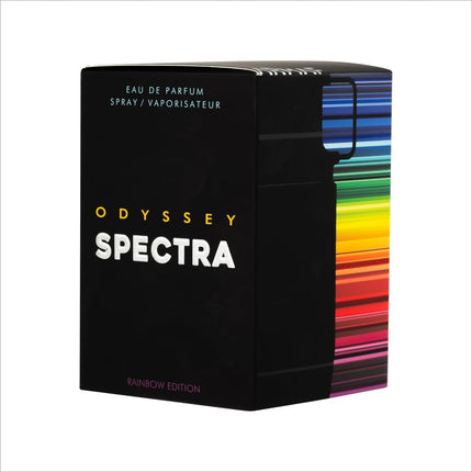 Close-up of Armaf Odyssey Spectra unisex perfume long lasting label on the 100ML bottle, highlighting its unique fragrance profile.